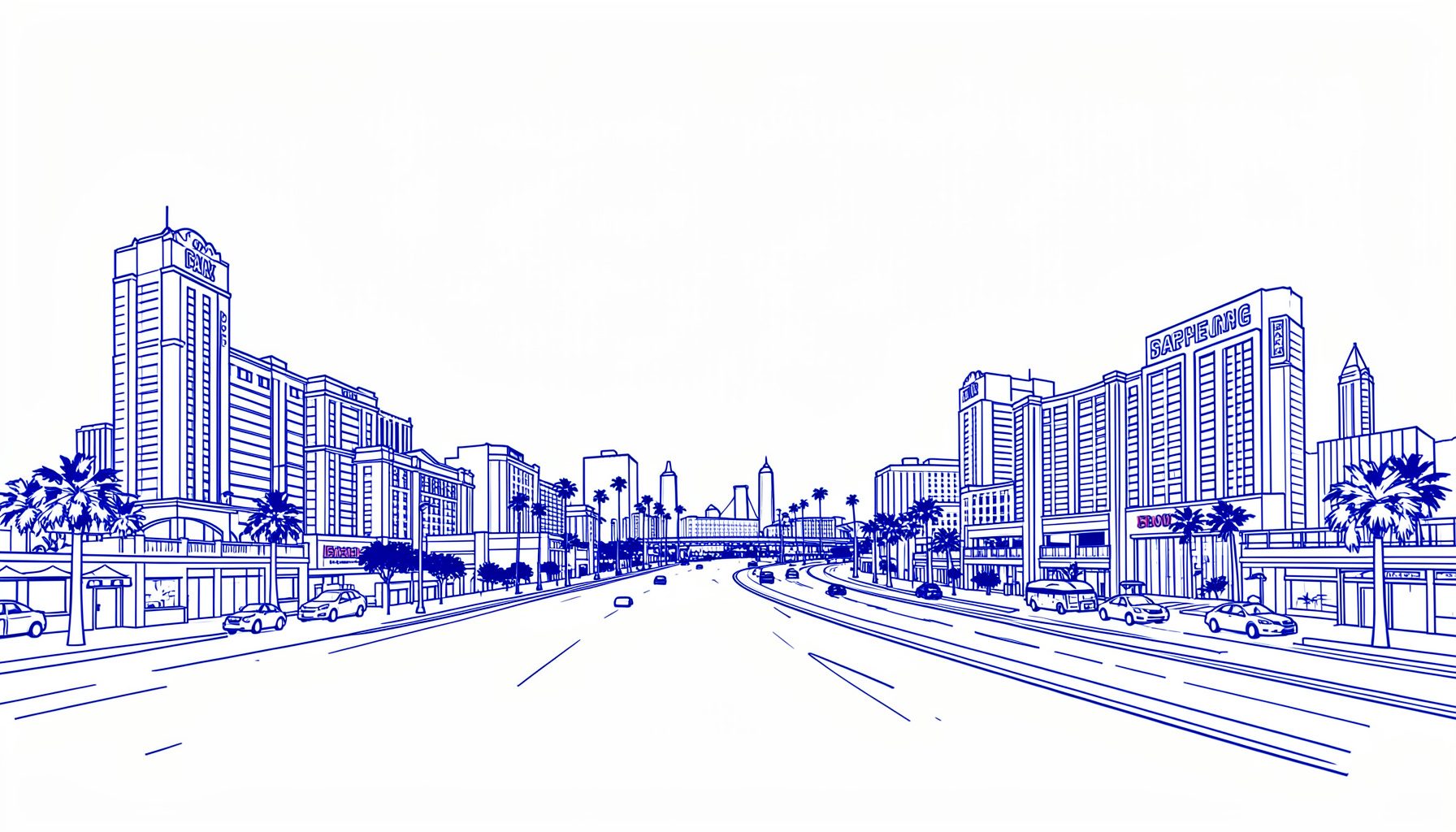 Las Vegas Strip iluminada al atardecer con luces de neón y hoteles emblemáticos